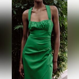 Ruched Linen Blend Green Zara Midi Dress